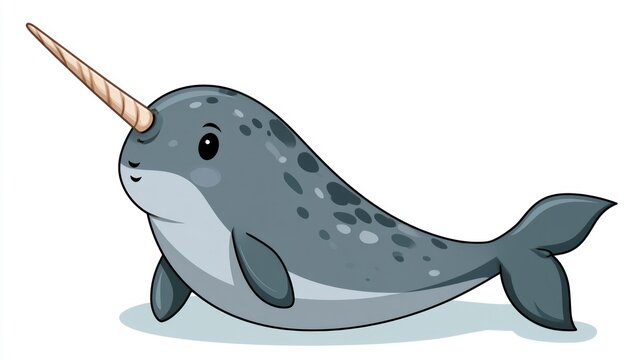 Cute cartoon narwhal illustration with a long tusk isolated on white background