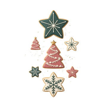 Christmas gingerbread cookies shaped like stars and pine trees isolated on a transparent background