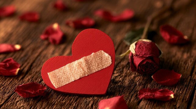 Broken Heart Concept: Red Heart with Bandage on Rustic Wood Surface with Dried Rose Petals Symbolizing Heartbreak and Healing
