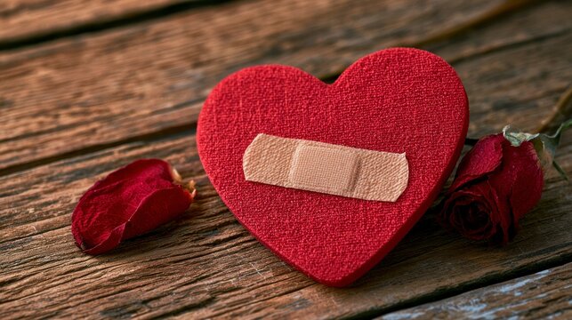 Red Fabric Heart with Adhesive Bandage and Rose on Rustic Wood Table - Concept of Broken Heart, Emotional Healing and Recovery