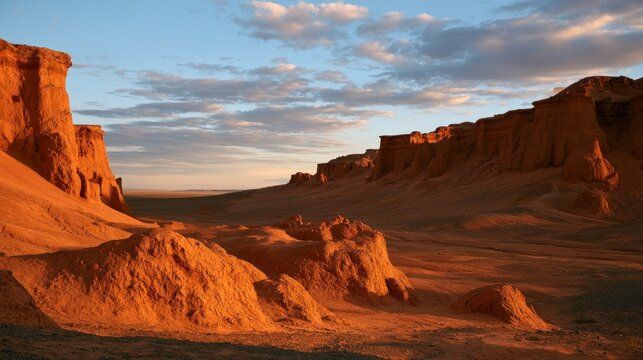 Majestic Sunset over the Flaming Cliffs (Bayanzag) in the Gobi Desert, Mongolia, Showcasing Dramatic Red Sandstone Formations