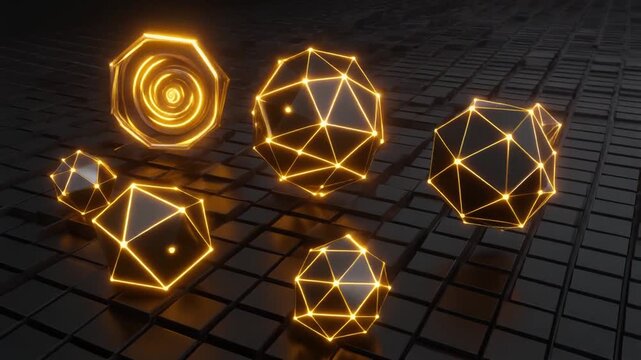 Floating Geometric Wireframe Polyhedrons and Glowing Golden Neon Nodes on Dark Tiled Surface, Abstract 3D Sci-Fi Background for Technology and Digital Innovation
