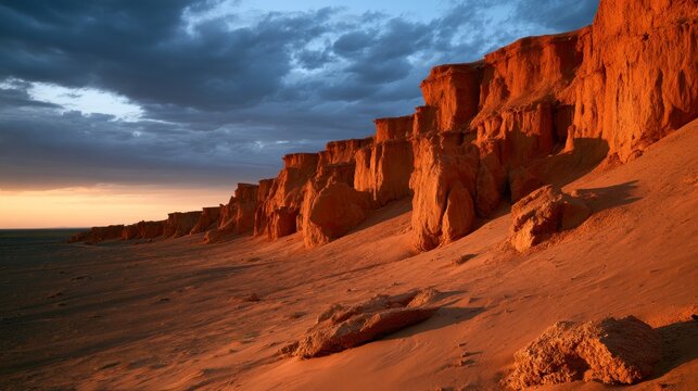 Sunset over the Flaming Cliffs at Bayanzag in the Gobi Desert, Mongolia