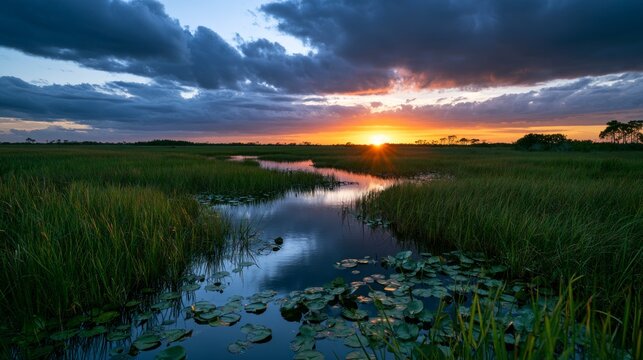 Dramatic Sunset over Scenic Wetlands with Winding Waterway and Lily Pads