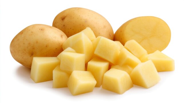Group of whole and diced raw potatoes isolated on white background
