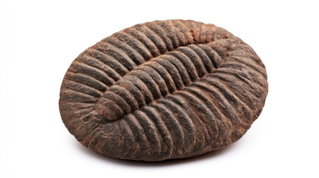 Ancient fossilized trilobite specimen isolated on white background, prehistoric marine arthropod from the Paleozoic era