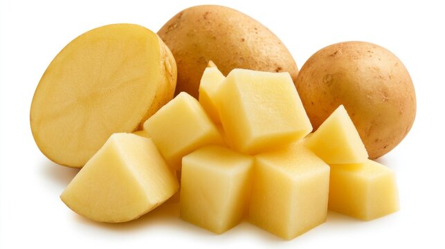 Whole and diced raw potatoes isolated on white background