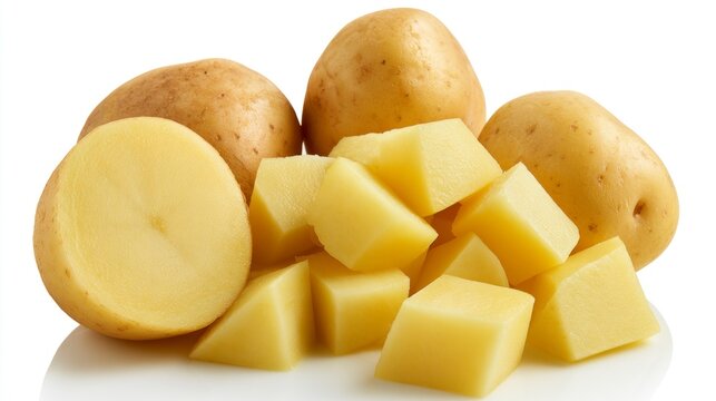 Whole and diced raw potatoes isolated on a white background