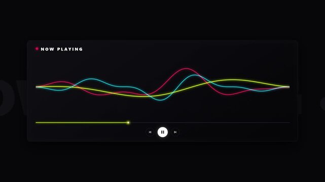 A vibrant digital interface displays colorful audio frequency waves oscillating across a dark panel while music plays back in a software dashboard that shows a progress bar and playback control