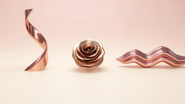 Metallic rose gold decorative sculptures featuring a spiral, a rose, and a wavy line