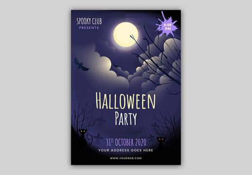 Editable Halloween Party Invitation Flyer Design with Full Moon Night Purple Graveyard and Event Detail.