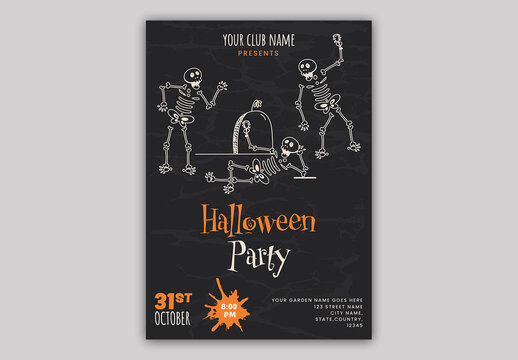 Editable Halloween Party Invitation Flyer Design with Skeleton on Rip and Event Detail.