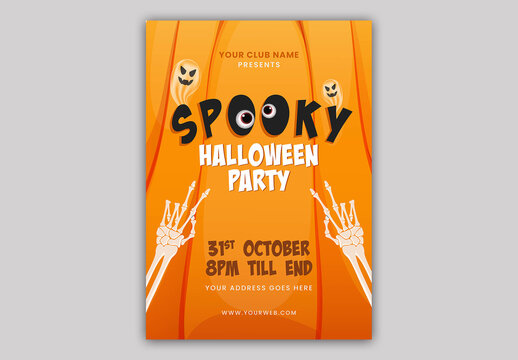 Editable Spooky Halloween Party Invitation Flyer Design with Ghost and Skeleton Hand on Orange Background.