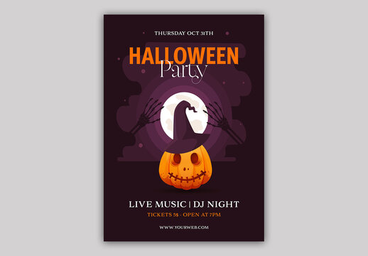 Editable Halloween Party Invitation Flyer Design with Witch Pumpkin at Night and Event Details.