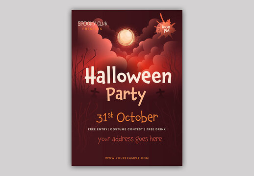 Editable Halloween Party Invitation Flyer Design with Full Moon Night Red Graveyard and Event Detail.