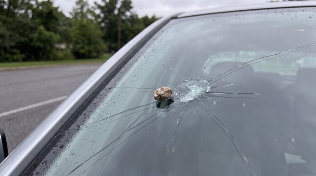 Broken car windshield with spider web crack and impact point from a stone chip on vehicle glass.