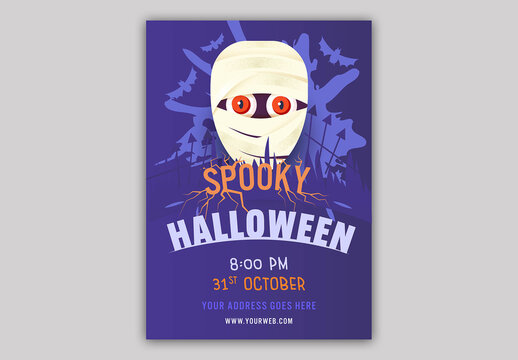 Editable Spooky Halloween Party Invitation Flyer Design with Mummy in Purple Graveyard and Venue Detail.