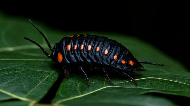 Macro shot of a clown isopod with orange spots on a black exoskeleton crawling on a green leaf