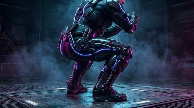 Futuristic Cyborg in Tactical Squatting Pose Amidst Smoky Digital Environment.