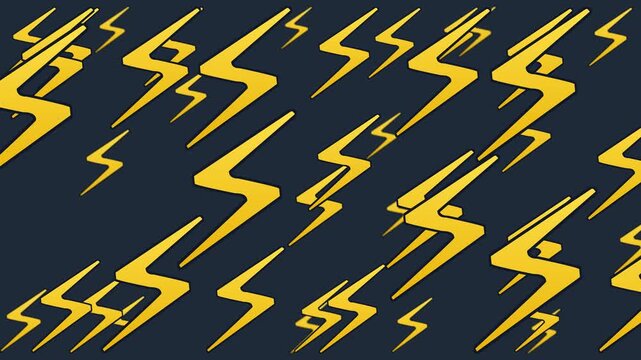 Seamless loop. Yellow lightning bolts march diagonally across dark navy screen. Animated EV power symbols convey electric energy and speed for clean transport and charging themes.