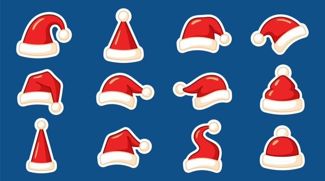 Collection of santa hats in various styles against blue background with red
