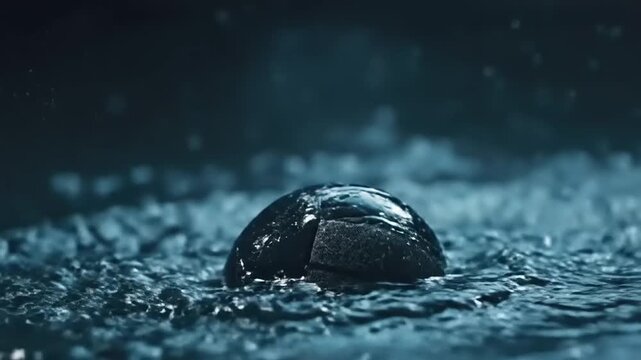 Black pebble resting in flowing water under moonlight.