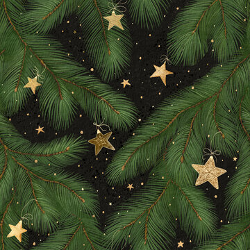 Christmas seamless pattern with green branches fir and golden stars on dark background, holiday handmade illustration for wrapping gift paper, fabric, gift boxes, repeat background or greeting cards