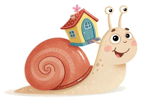 Cartoon snail carrying a tiny colorful house on its back