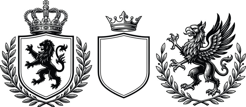 Royal heraldic crest collection with crowned lion shield, blank crowned shield, griffin, laurel wreaths, and vintage vector emblems