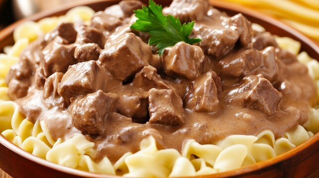 Detailed view of tender beef chunks in creamy stroganoff sauce atop a bed of golden egg noodles, garnished with a sprig of fresh parsley