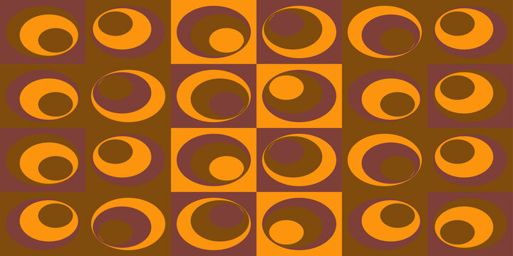 Retro seventies seamless pattern background with orange brown and yellow concentric circles in checkered layout ideal for vintage textiles.