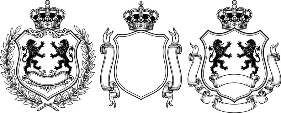 Royal heraldic crest collection featuring crowns, shields, lions, laurel wreaths, ribbons, blank emblems, and ornate medieval vector designs