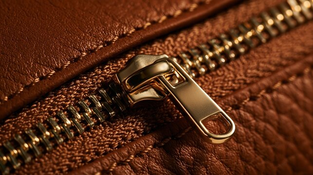 Close up of a shiny metal zipper pull on brown leather material with visible stitching and texture details in warm lighting.