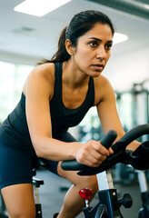 Fototapeta premium Fitness and wellness training, focused woman exercising on stationary bike in gym for cardiovascular health and weight loss goals in indoor sports club