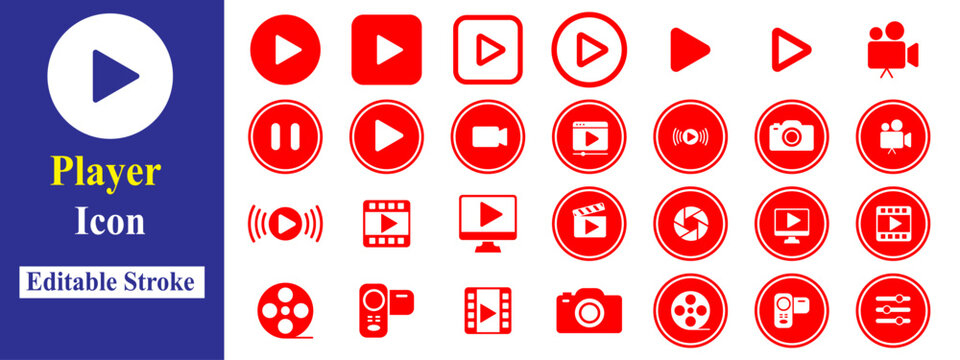 Media Player icon set, logo silhouette symbol vector illustration. Editable stroke. start button, pause or stop, media, camera, cinema, multimedia, film icon.