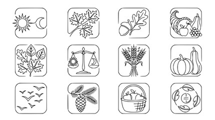 Obraz premium Autumn Harvest Icons: Cornucopia, Pumpkin, Wheat, Fruits, Birds, Nature