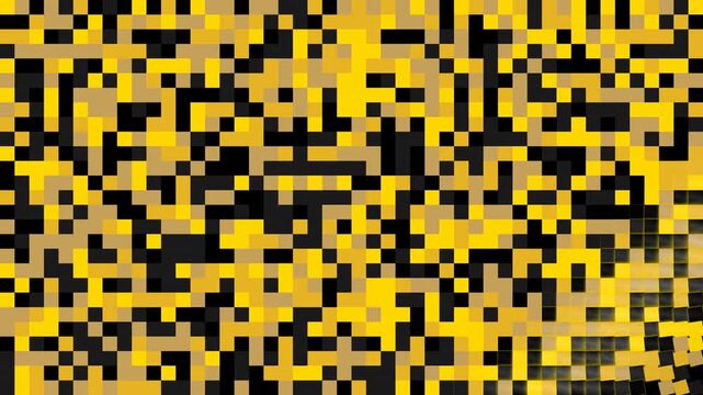 Abstract yellow and black pixel mosaic pattern filling screen, perfect for tech backgrounds, video transitions and motion graphics