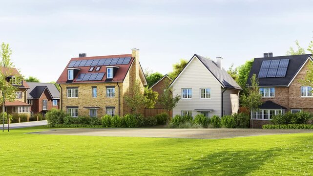 Beautiful New Homes with Solar Panels in a Suburban Neighborhood