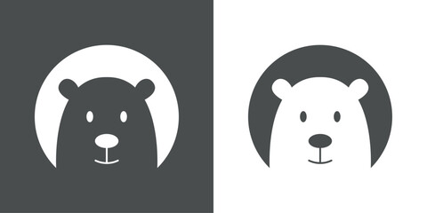 Logo con dibujo sencillo de la cabeza de un oso negro y un oso blanco simpáticos en un círculo en espacio negativo, en fondo blanco y fondo gris  © teracreonte