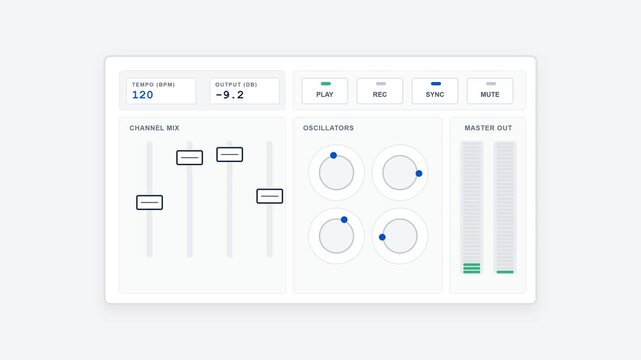 A professional audio software interface features sliders for channel mixing alongside frequency control knobs and level meters used by music producers during the creative sound engineering