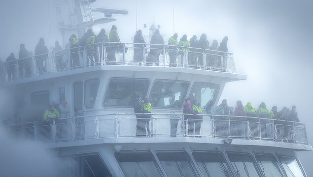 Crowded ship deck in thick fog (1)
