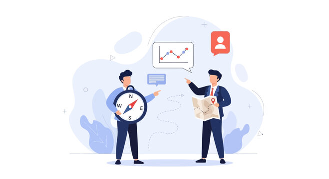 Business strategy and planning: men with compass and map, charting success with data and direction
