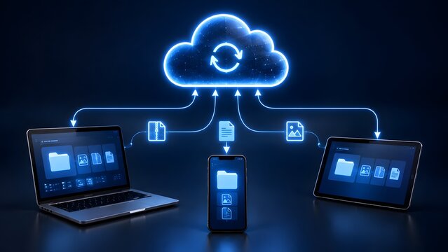 Multi device cloud synchronization network connecting laptop smartphone and tablet for seamless digital file sharing ecosystem