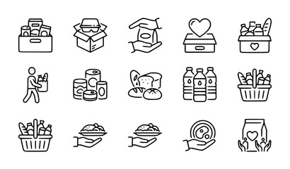 Fototapeta premium Set of hand drawn food donation and grocery shopping icons in a simple doodle style