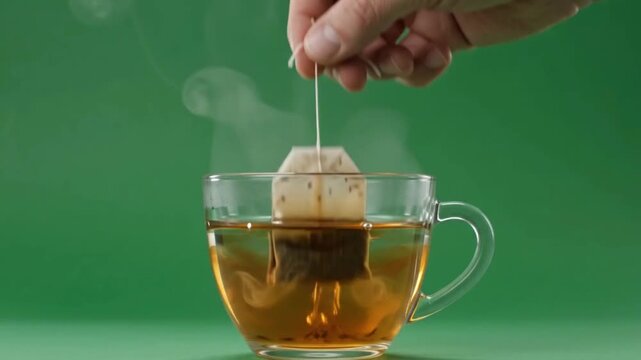 Hand Dipping Tea Bag in Glass Cup on Green Stock Footage
