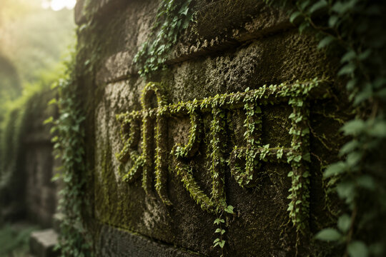 Natural vines growing on an ancient wall forming elegant script curves.