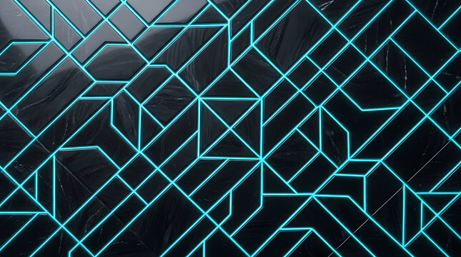 Abstract geometric background of black obsidian tiles with glowing cyan neon lines