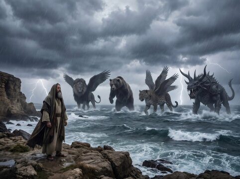 Prophet Daniel witnessing four beasts emerging from stormy sea