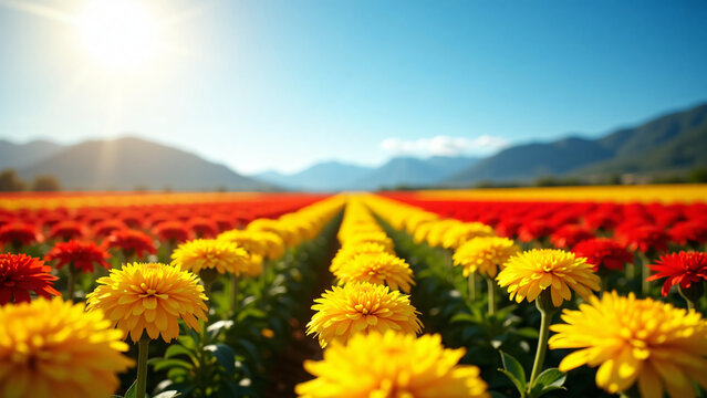 Sunlit Flower Field with Distant Peaks