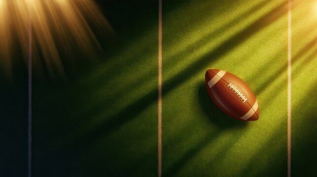 A textured football resting on a vibrant green field, illuminated by dynamic lighting effects